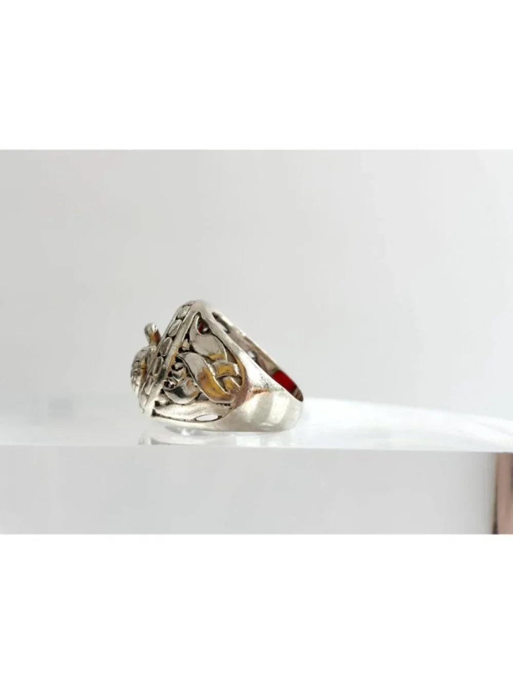 Carnelian Stone Turtle Figural Oval Sterling Silver 925 Vintage Ring - sz 6